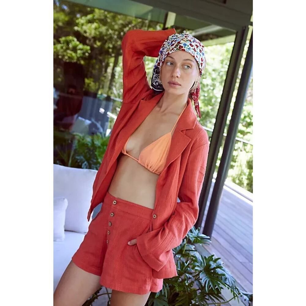 Free People Modern Summer Button Textured Blazer Short Pocket Top Small S